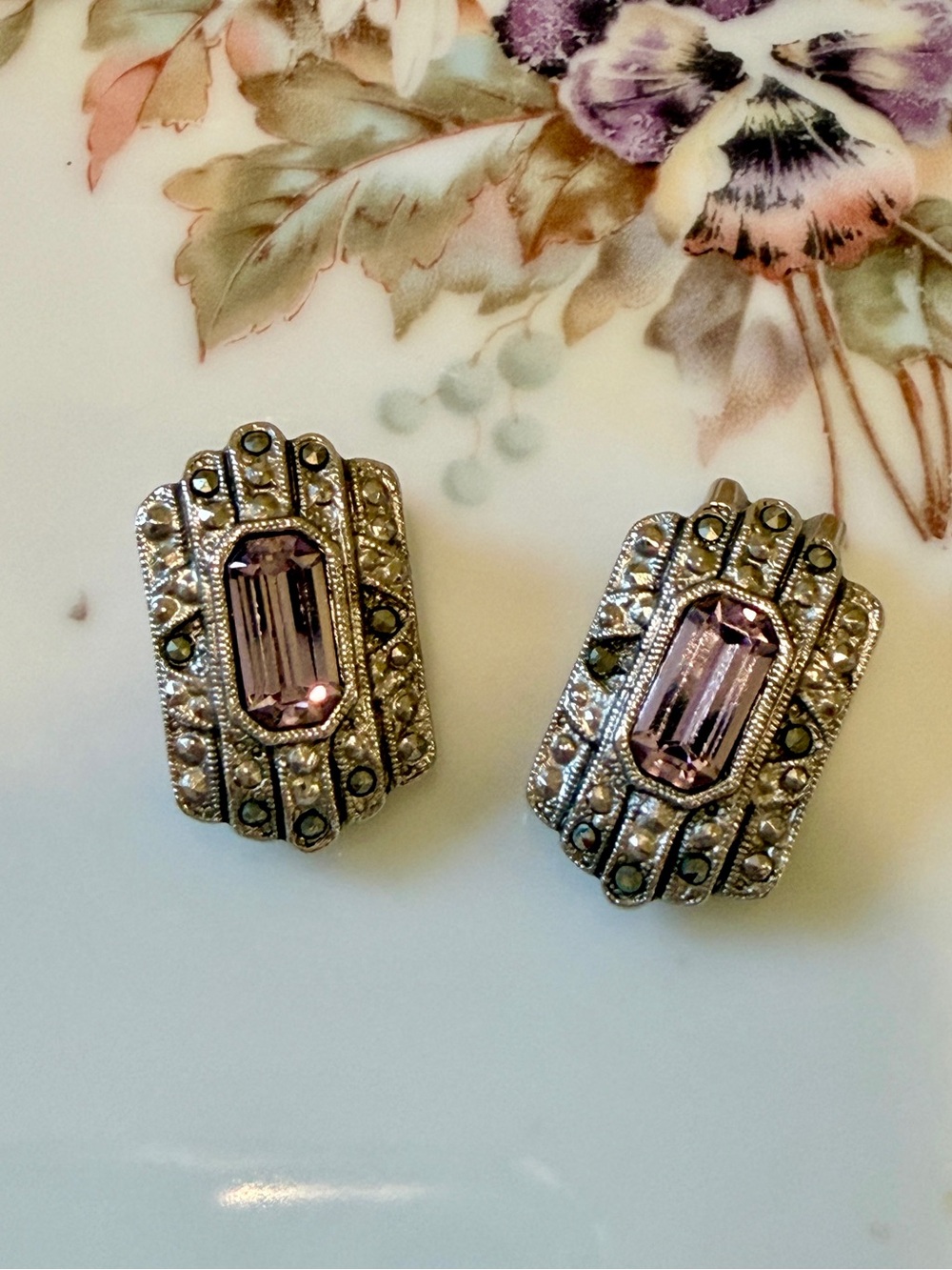 1960s Pink Glass Crystal & Marcasite Clip-On Earrings Art Deco style Mothers Day